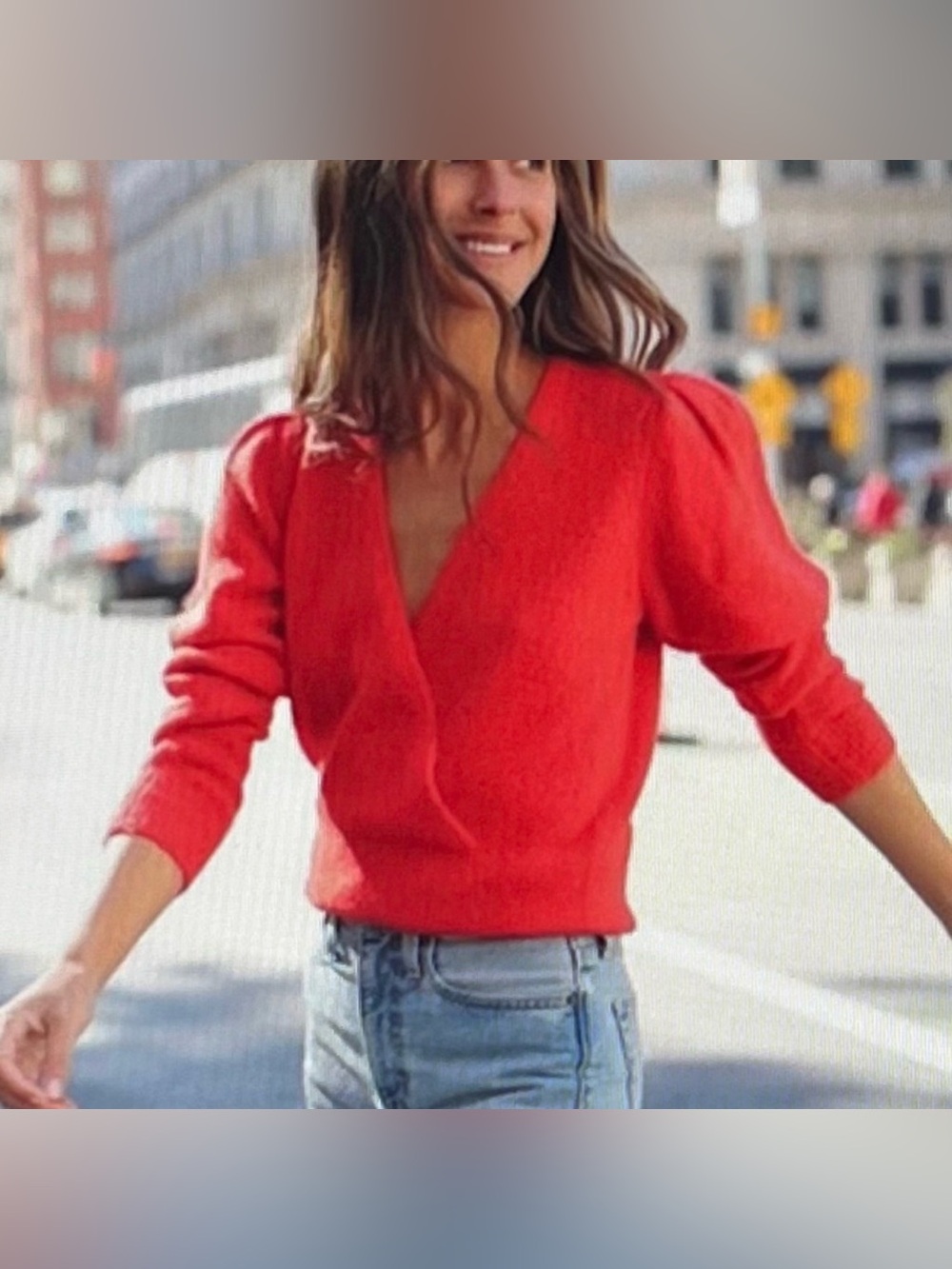 Something Navy Red/orange Alpaca Blend V-neck Puff Sleeve Sweater